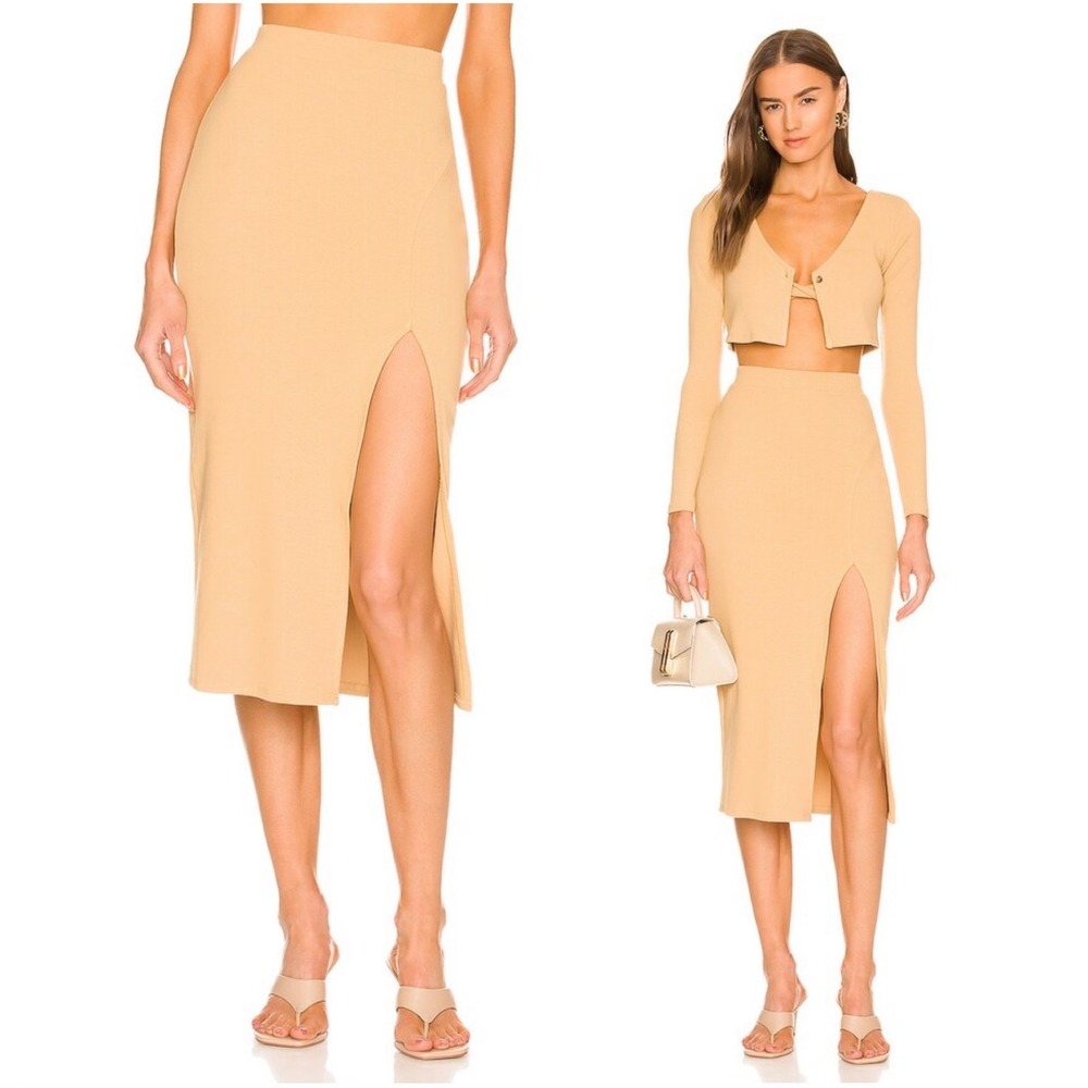 Lovers & Friends Sofia Midi Skirt Tan Ribbed Knit‎ Side Slit Sz XS